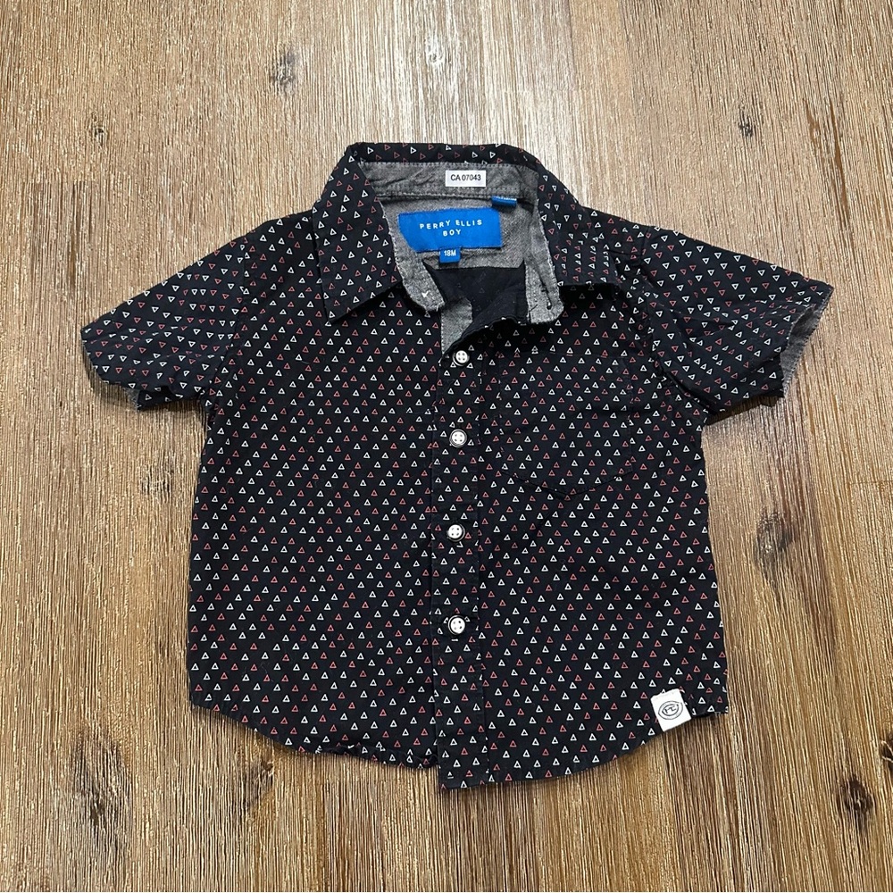 4/20$ Perry Ellis Black Patterned Baby Toddler Button Down Shirt size 18 months
